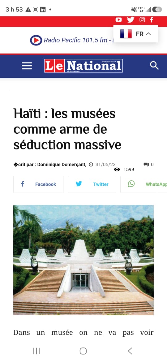 Capture d'écran d'un article de presse intitulé « Haïti : les musées comme arme de séduction massive ».