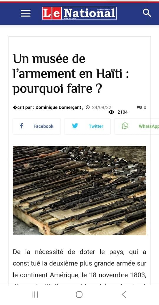 Capture d'écran d'un article de presse intitulé « Un musée de l'armement en Haïti : pourquoi faire ? ».
