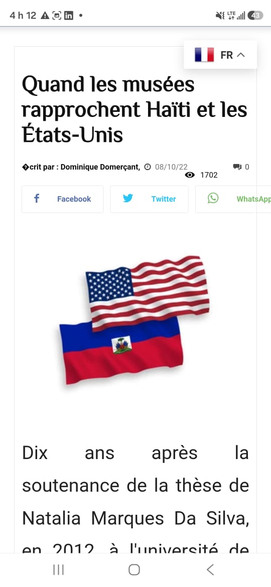 Capture d'écran d'un article de presse intitulé « Quand les musées rapprochent Haïti et les États-Unis ».